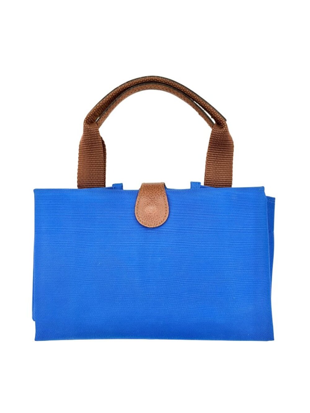 Foldable Canvas Tote Bag In Blue With Brown Handles 15.5 x 15.5 Handy for Travel